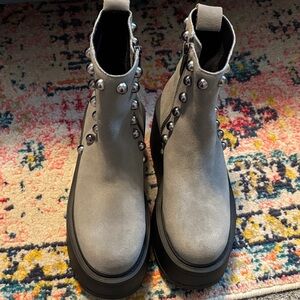 J/SLIDES Black and Light Gray Suede Ankle Boots with Stud Detail